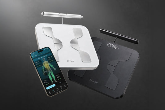 Black and white Hume Pod 2.0 devices with companion app
