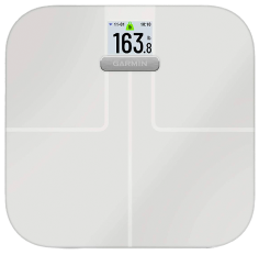 Garmin smart body composition scale in white with digital display showing 163.8, on transparent background